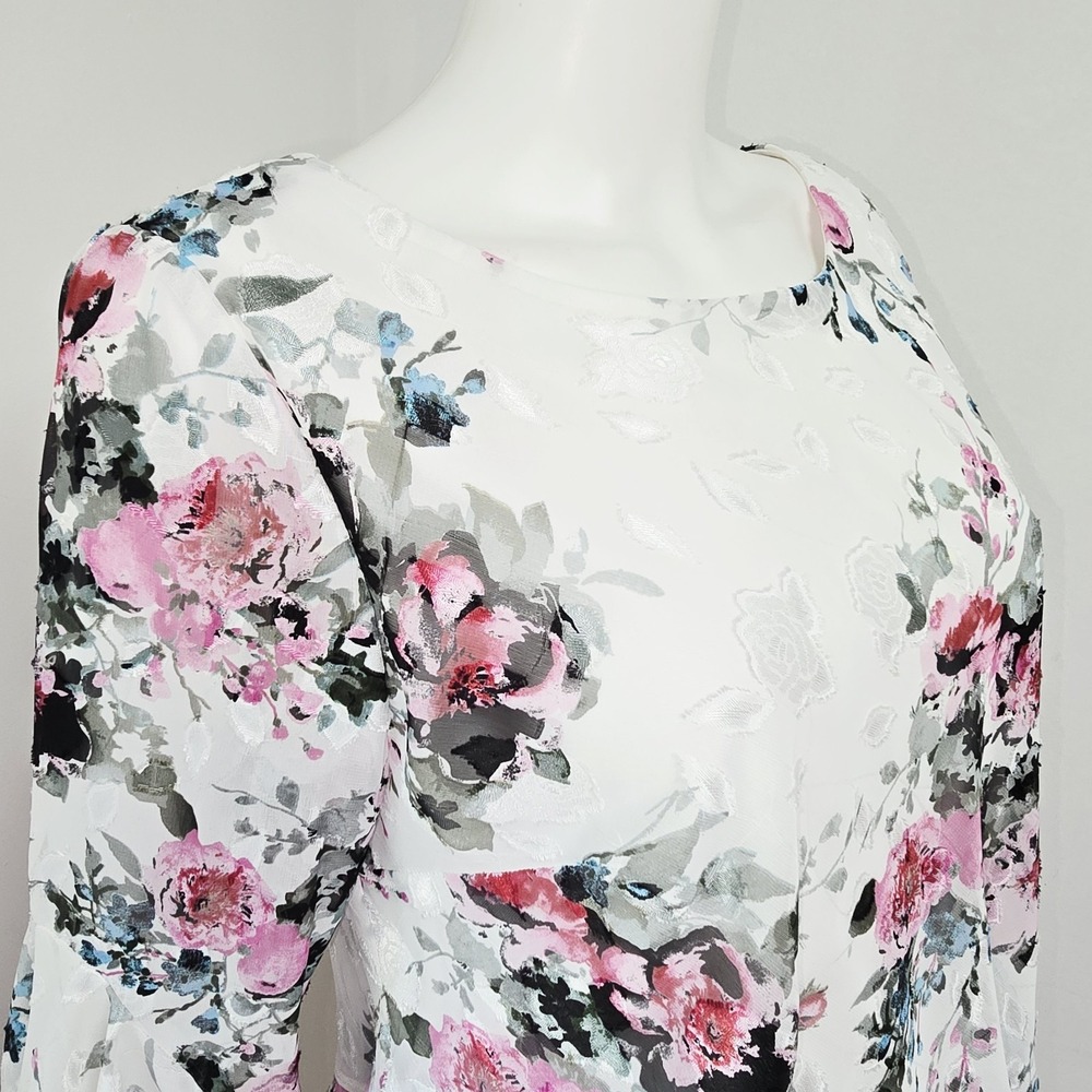 Alex Evenings Blouse Top Brocade Floral Layered Ruffle 3/4 Slv Cocktail Size L - Picture 5 of 9